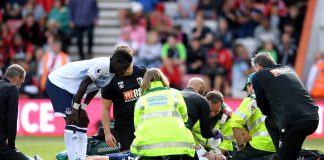 Michael Keane of Everton receives medical treatment during the Premier League match between AFC Bournemouth and Everton FC at Vitality Stadium