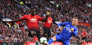 Eric Bailly of Manchester United and James Maddison of Leicester City battle for possession during the Premier League match between Manchester United and Leicester City at Old Trafford