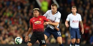 Jesse Lingard of Manchester United and Eric Dier of Tottenham Hotspur battle for possession during the Premier League match between Manchester United and Tottenham Hotspur