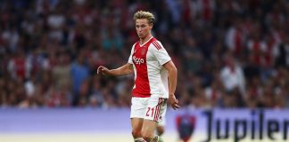 Frenkie de Jong of Ajax in action during the UEFA Champions League third round qualifying match between Ajax and Royal Standard de Liege at Johan Cruyff Arena