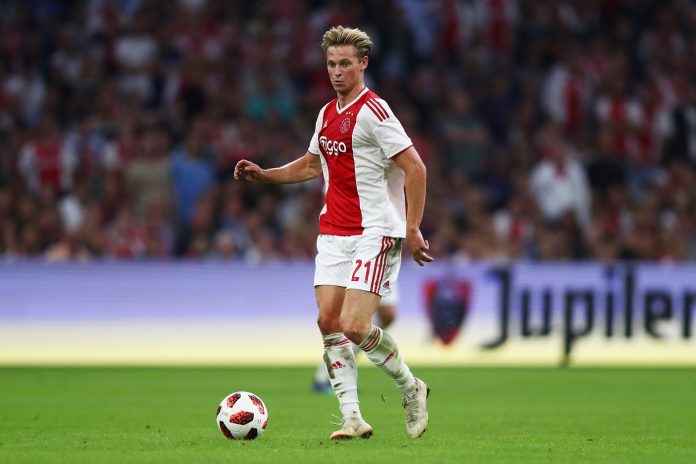 Frenkie de Jong of Ajax in action during the UEFA Champions League third round qualifying match between Ajax and Royal Standard de Liege at Johan Cruyff Arena