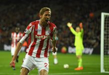 Peter Crouch of Stoke City celebrates scoring his sides first goal