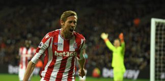 Peter Crouch of Stoke City celebrates scoring his sides first goal