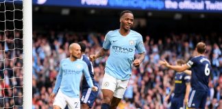 Raheem Sterling of Manchester City celebrates after scoring his team's second goal