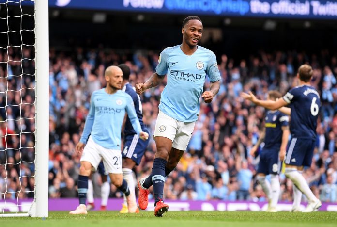 Raheem Sterling of Manchester City celebrates after scoring his team's second goal