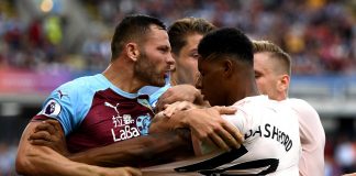 Marcus Rashford of Manchester United and Phil Bardsley of Burnley clash leading to a red card for Rashford during the Premier League match between Burnley FC and Manchester United