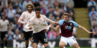Chris Smalling of Manchester United tussles with Chris Wood of Burnley during the Premier League match between Burnley FC and Manchester United at Turf Moor