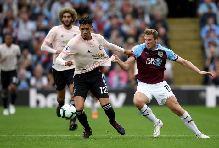 Chris Smalling of Manchester United tussles with Chris Wood of Burnley during the Premier League match between Burnley FC and Manchester United at Turf Moor