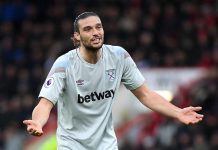 Andy Carroll of West Ham United reacts during the Premier League match between AFC Bournemouth and West Ham United at Vitality Stadium