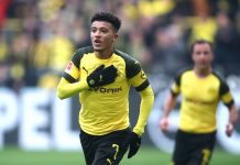 Jadon Sancho of Borussia Dortmund celebrates after scoring his team's first goal during the Bundesliga match between Borussia Dortmund and 1. FSV Mainz 05