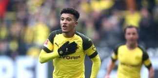 Jadon Sancho of Borussia Dortmund celebrates after scoring his team's first goal during the Bundesliga match between Borussia Dortmund and 1. FSV Mainz 05