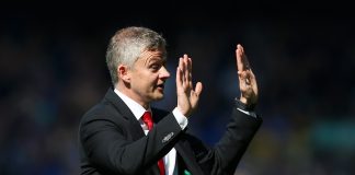 Ole Gunnar Solskjaer, Manager of Manchester United acknowledges the travelling fans as he apologises after the Premier League match against Everton