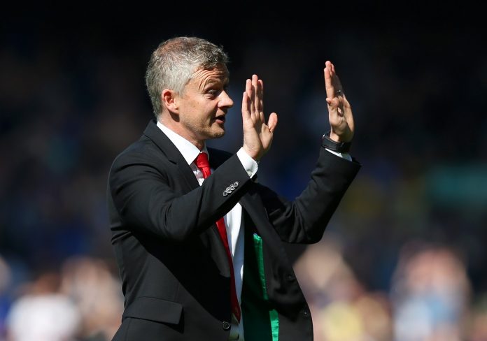 Ole Gunnar Solskjaer, Manager of Manchester United acknowledges the travelling fans as he apologises after the Premier League match against Everton