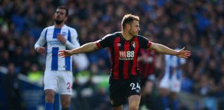 Ryan Fraser of AFC Bournemouth celebrates after scoring his team's second goal during the Premier League match