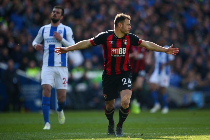 Ryan Fraser of AFC Bournemouth celebrates after scoring his team's second goal during the Premier League match Ryan Fraser of AFC Bournemouth celebrates after scoring his team's second goal during the Premier League match