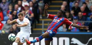 Aaron Wan-Bissaka of Crystal Palace is challenged by Ryan Fraser of AFC Bournemouth during the Premier League match between Crystal Palace and AFC Bournemouth
