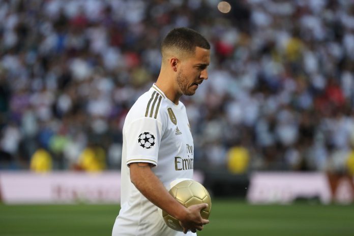 New Real Madrid signing Eden Hazard look on as as he is unveiled at Estadio Santiago Bernabeu