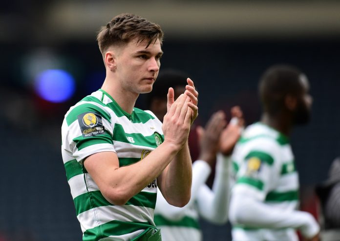 Kieran Tierney of Celtic applauds the fans