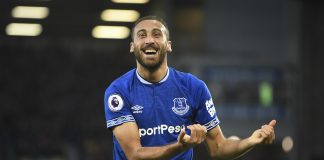 Cenk Tosun of Everton celebrates after scoring his team's second goal during a Premier League match