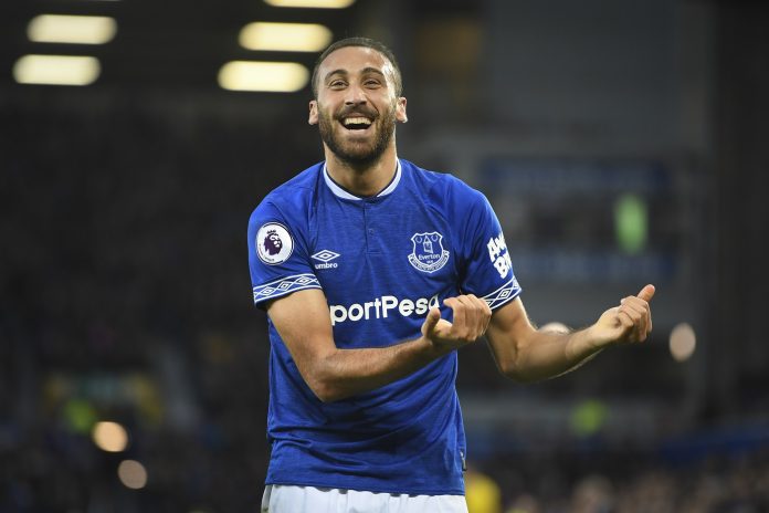 Cenk Tosun of Everton celebrates after scoring his team's second goal during a Premier League match