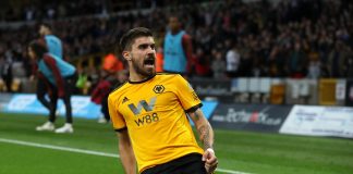 Ruben Neves of Wolverhampton Wanderers celebrates after scoring the first goal during the Premier League match between Wolverhampton Wanderers and Arsenal FC