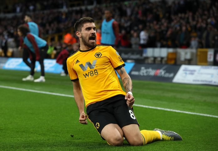 Ruben Neves of Wolverhampton Wanderers celebrates after scoring the first goal during the Premier League match between Wolverhampton Wanderers and Arsenal FC Ruben Neves of Wolverhampton Wanderers celebrates after scoring the first goal during the Premier League match between Wolverhampton Wanderers and Arsenal FC
