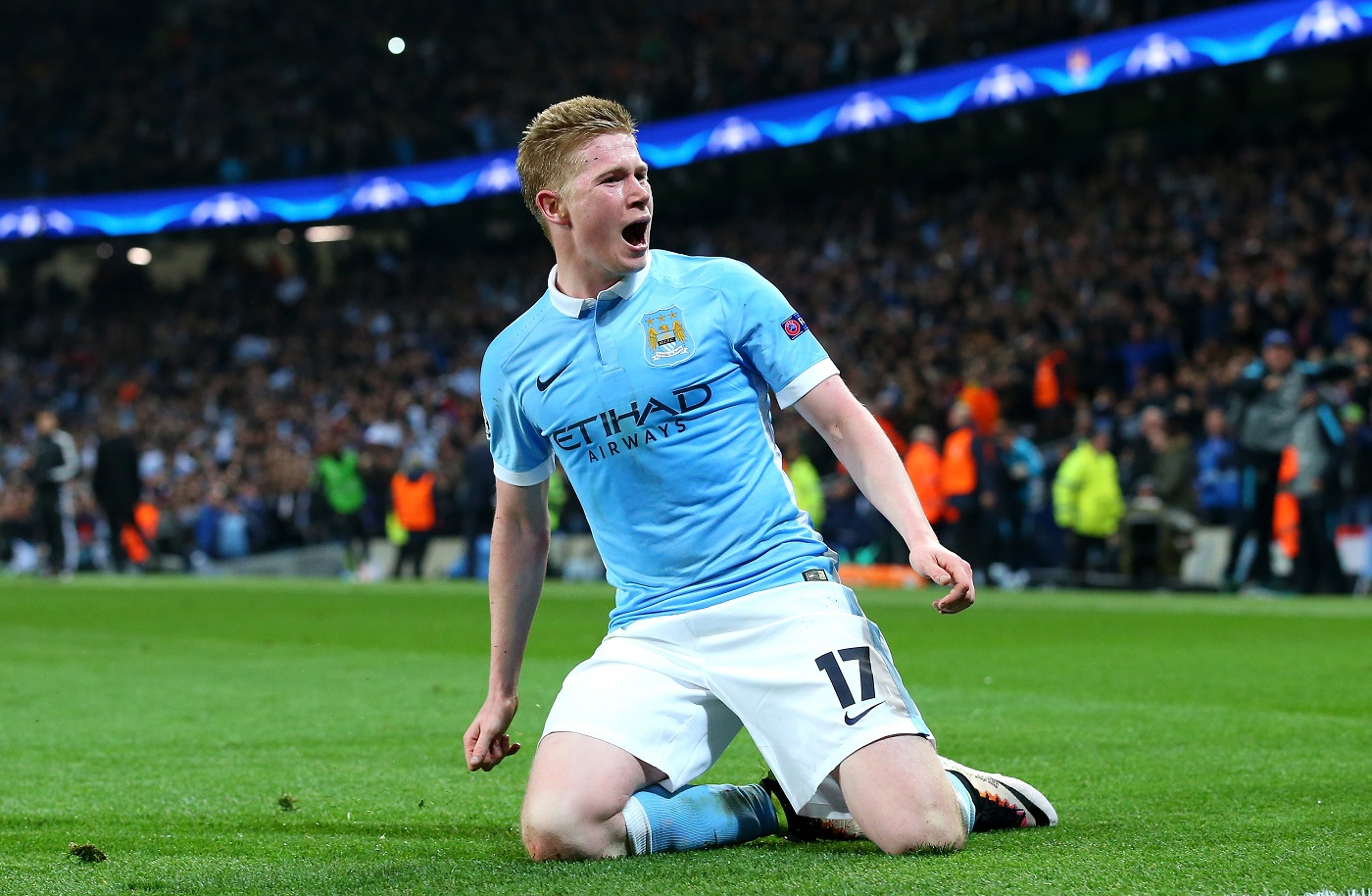 Kevin de Bruyne of Manchester City celebrates as he scores their first goal during a UEFA Champions League match
