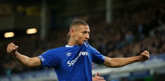 Richarlison of Everton celebrates after his team's first goal, an own goal by Ben Mee of Burnley during the Premier League match between Everton FC and Burnley FC