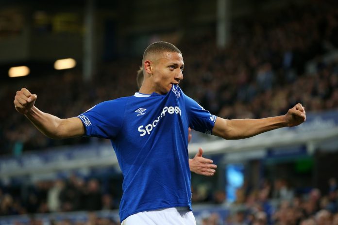 Richarlison of Everton celebrates after his team's first goal, an own goal by Ben Mee of Burnley during the Premier League match between Everton FC and Burnley FC Richarlison of Everton celebrates after his team's first goal, an own goal by Ben Mee of Burnley during the Premier League match between Everton FC and Burnley FC