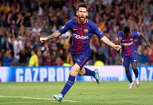 Lionel Messi of Barcelona celebrates scoring a goal
