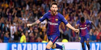 Lionel Messi of Barcelona celebrates scoring a goal