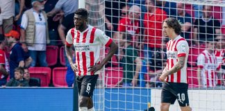 PSV Eindhoven players Ibrahim Sangare and Fabio Daniel Soares Silva