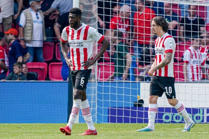 PSV Eindhoven players Ibrahim Sangare and Fabio Daniel Soares Silva