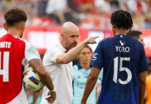 Man Utd defender set for Cardiff medical Manchester United manager Erik Ten Hag pointing at defender Leny Yoro