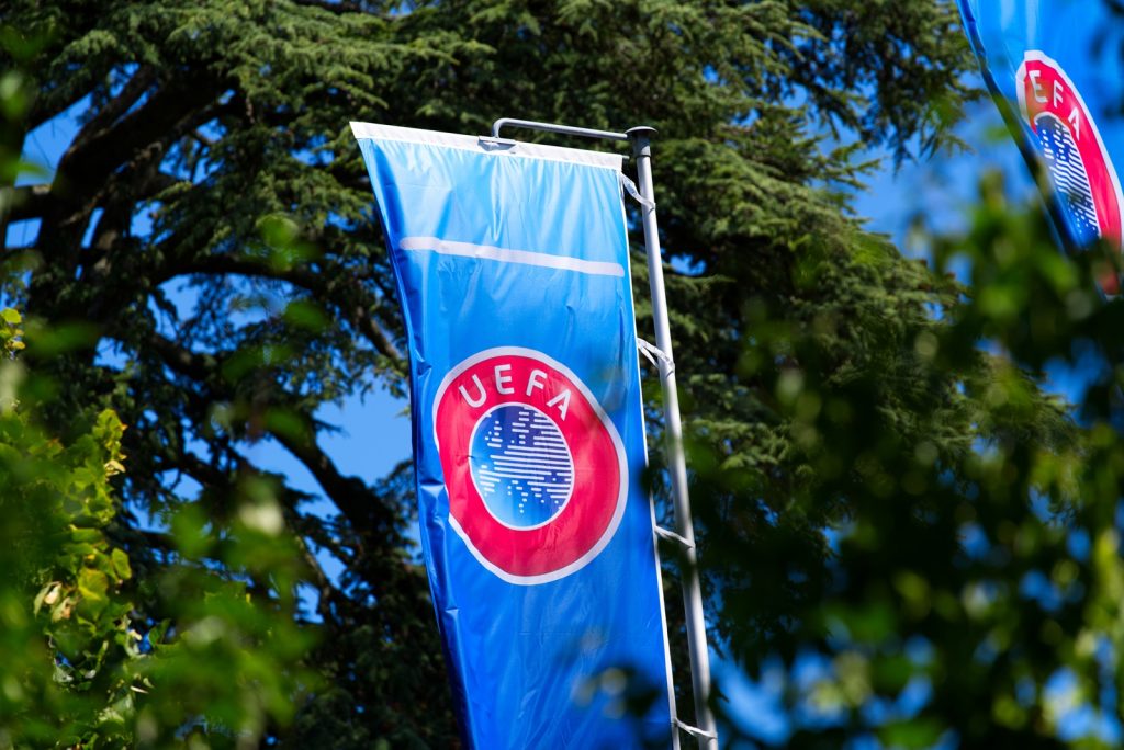 UEFA flags at UEFA headquarters in the City of Nyon, Switzerland