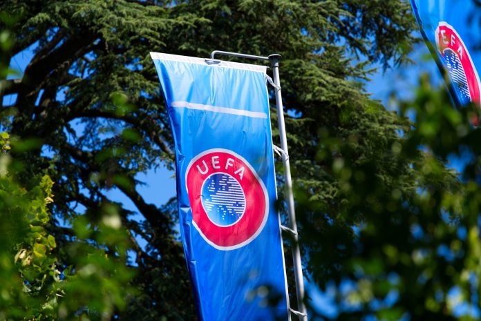 UEFA flags at UEFA headquarters in the City of Nyon, Switzerland